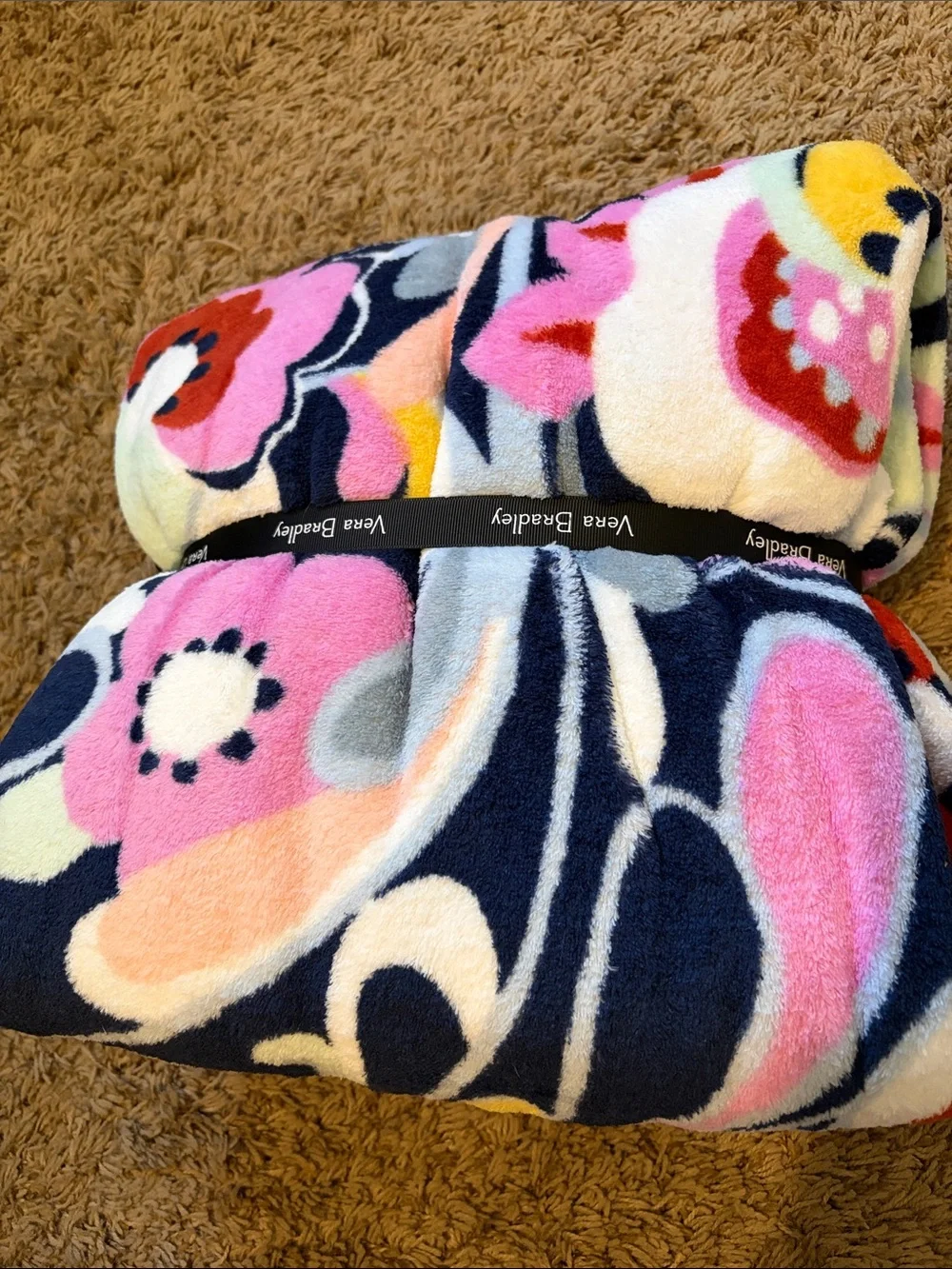 Vera Bradley Navy Multi Floral Plush Throw with Pink & Coral Accents